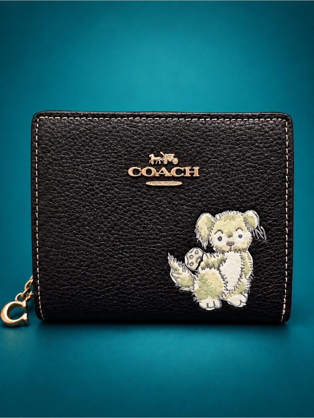 COACH Snap Wallet Happy Dog CC920 Black Pebble Leather Puppy Limited Edition
